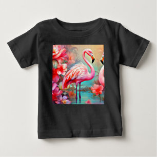 Camiseta Flamingos rosa em um lago com flores-20231