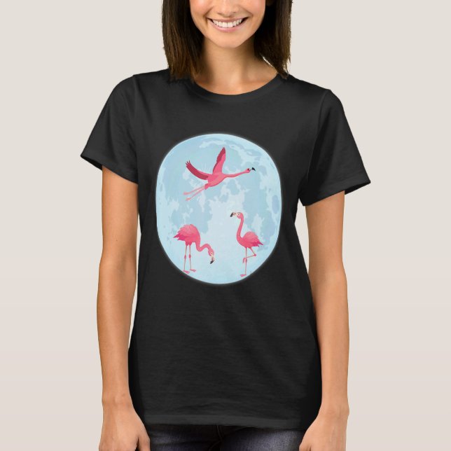 Camiseta Flamingos Rosa Num Cheio Que Pisca A Lua (Frente)