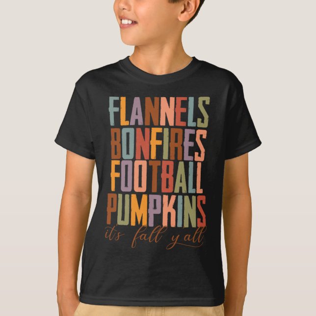 Camiseta Flannels Bonfire Pegbyll Pumpkins É outono Y'al (Frente)