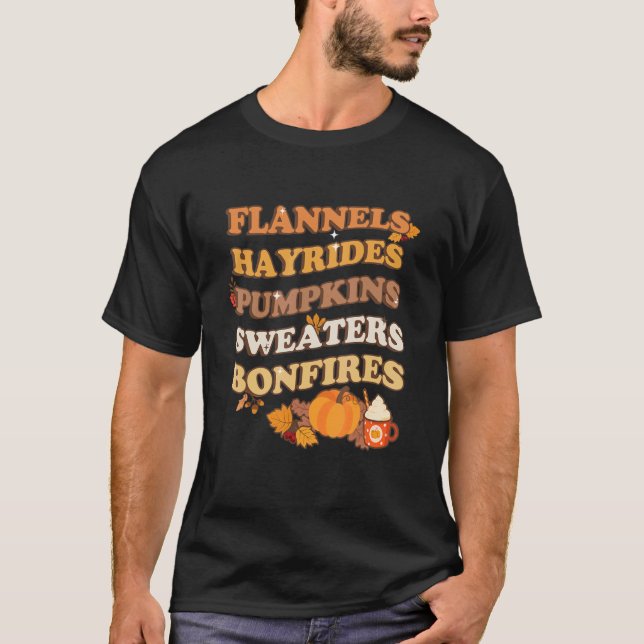 Camiseta Flannels Hayrides Pumpkins Sweater Bonfire Fall (Frente)