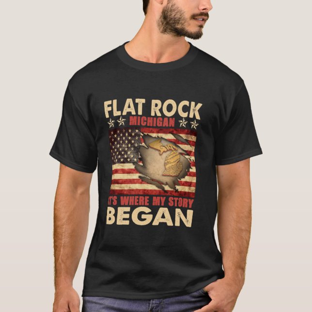 Camiseta Flat Rock Michigan Bandeira 4 De Julho De Long Sle (Frente)