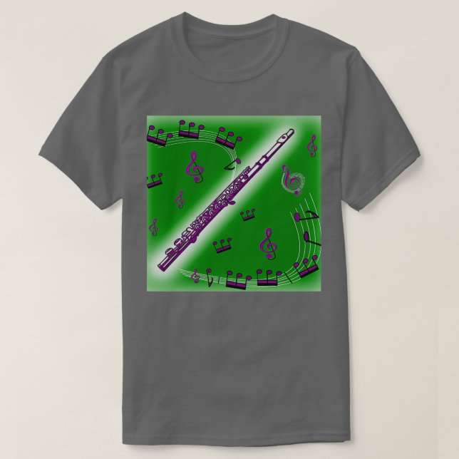 Camiseta Flauta Roxa Profunda contra Fundo Verde Escuro (Frente do Design)