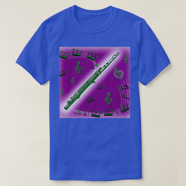 Camiseta Flauta verde escura contra fundo roxo profundo (Frente do Design)