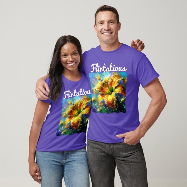 Camiseta Flerta Amarelo Amarelo Daylily Azul Daylily (Unissex)