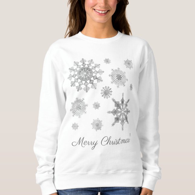Camiseta Flocos de Neve Cinza Prateado Com Texto Feliz Nata (Frente)