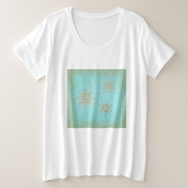 Camiseta Flocos de neve de Natal Aqua e Dourado (Frente do Design)