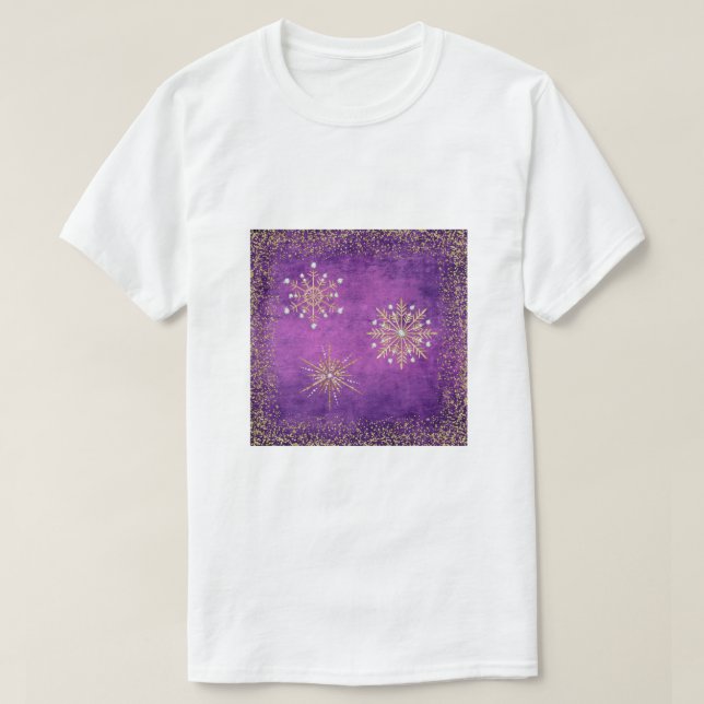Camiseta Flocos de neve de Natal Roxo e Dourado (Frente do Design)