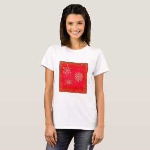 Camiseta Flocos de neve de Natal Vermelho e Dourado brilho
