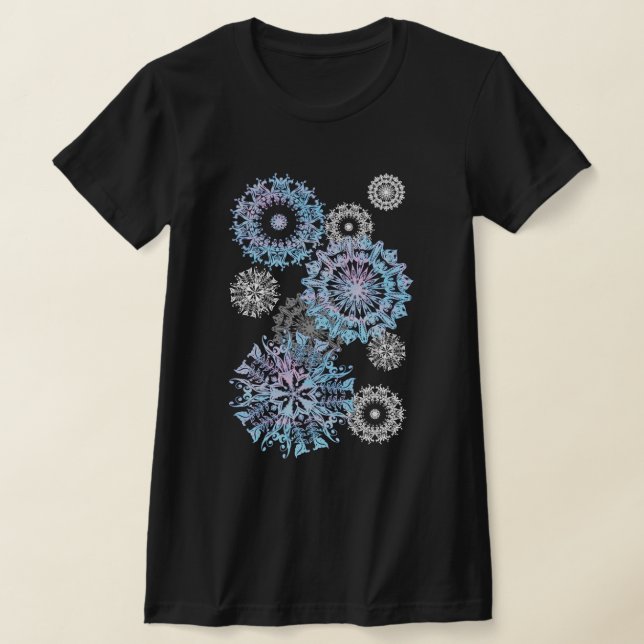 Camiseta Flocos de neve de prata e neon mandala (Postura )