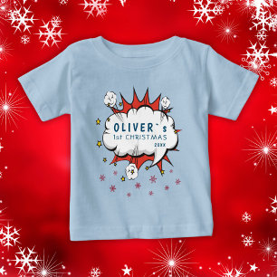 Camiseta Flocos de Neve no Primeiro Natal do Bebê Super Her
