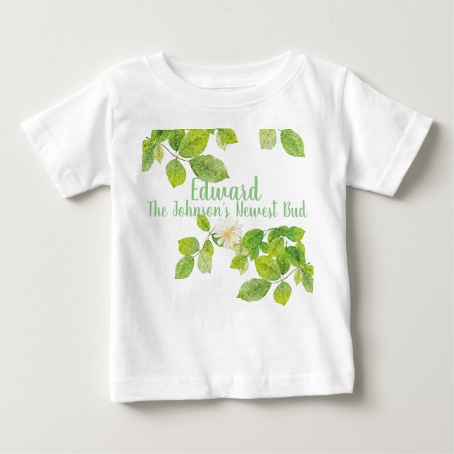 Camiseta Flor Branco e Jardim de Folhas Verde (Frente)
