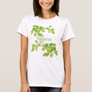 Camiseta Flor Branco e Jardim de Folhas Verde