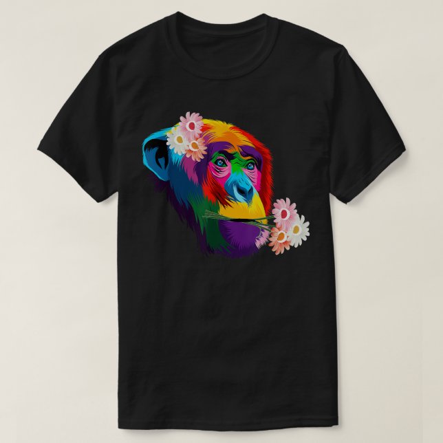 Camiseta Flor chimpanzé colorida macaco Chimpanzé (Frente do Design)