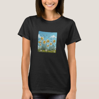 Camiseta Flor Daffodil Surgindo Com Abelhas Em Torno Do Grá