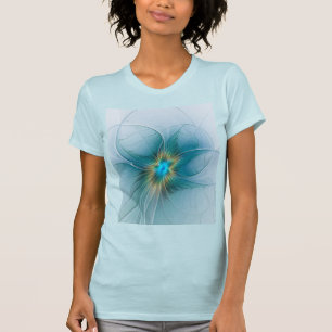 Camiseta Flor de Arte Fractal Dourada e Azul Moderno