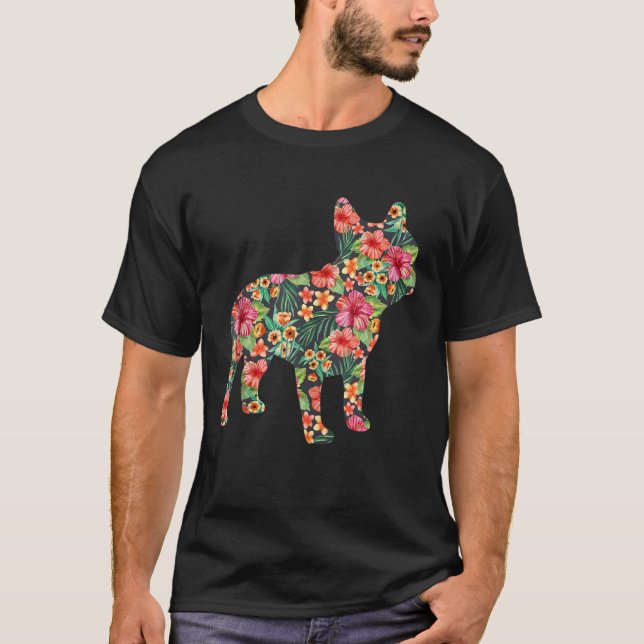 Camiseta Flor de Buldogue Francês Cachorro Engraçado Silhou (Frente)