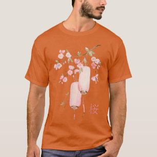 Camiseta Flor de Cereja Rosa Japonês Lanterna Sakura Kanji