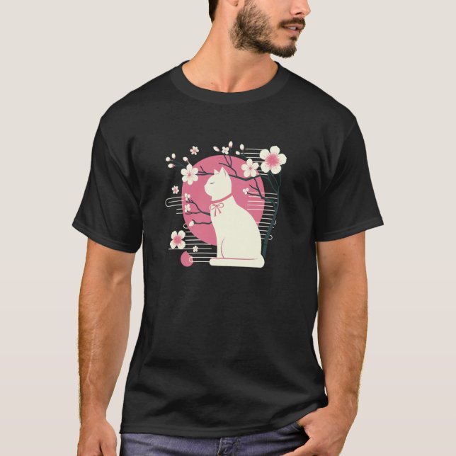 Camiseta Flor de Cerejeira da Primavera, Sakura com Gato Fo (Frente)