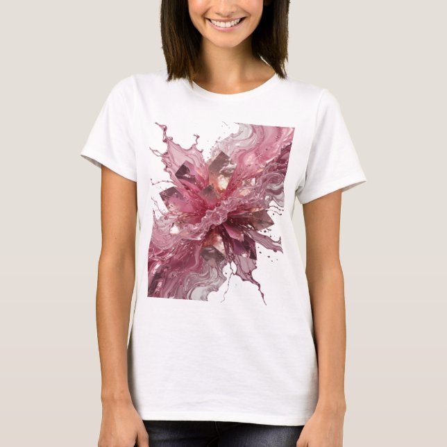 CAMISETA FLOR DE CRISTAL PRATEADA COM RESPINGOS DE LÍQUIDO  (Frente)