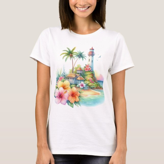 CAMISETA FLOR DE HIBISCO TROPICAL E FAROL  (Frente)