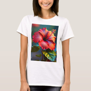 Camiseta Flor de Hibisco Vermelha Vibrante com Folhas-45328