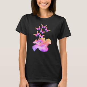 Camiseta Flor De Hibiscus E Abstrato De Borboletas Colorida