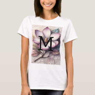 Camiseta Flor de magnólia roxa floral cor-de-rosa monograma