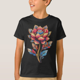 Camiseta Flor de Mandala de Lótus Colorida Com Folhas Ornam