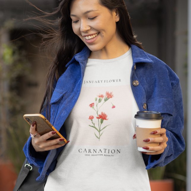 Camiseta Flor de Nascimento de Janeiro (January Birth Month Flower T-shirt. Carnation Flower T-shirt.)