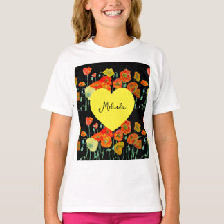 Camiseta Flor de Papoula Laranja Vermelha Nome de Meninas A