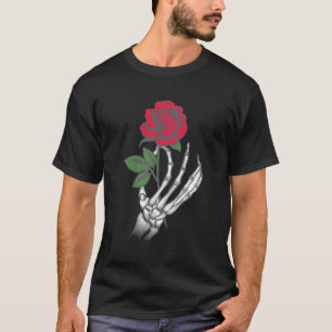 Camiseta Flor de Rosa vermelha de Mão do Esqueleto