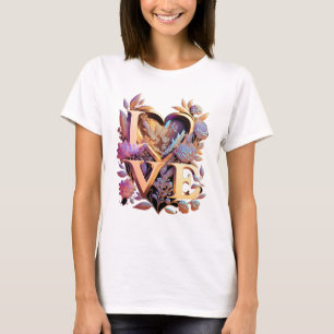 Camiseta Flor Elegante, Coração e Amor Dourado