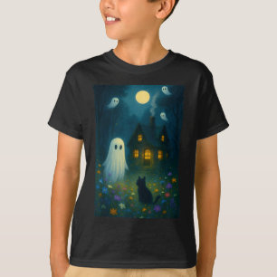 Camiseta Flor Fantasma Preto Gato Halloween Fantasma Vintag