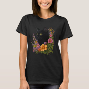 Camiseta Flor Gato Preto Floral Amante de Gato Fofo