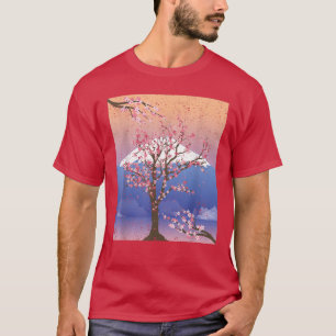 Camiseta Flor japonês Rosa Sakura Árvore Montanha B