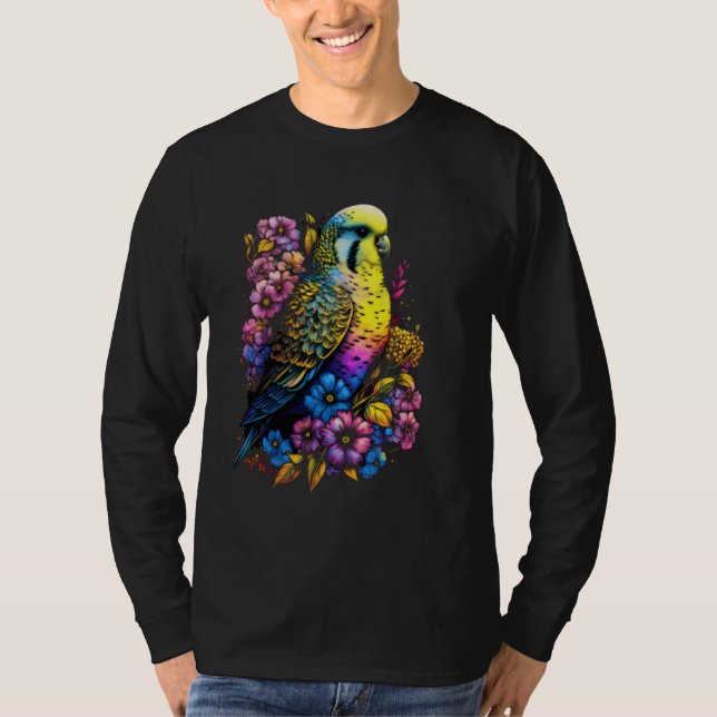 Camiseta Flor Mãe de Budgie Budgerigar Parakeet Pássaro Mãe (Frente)