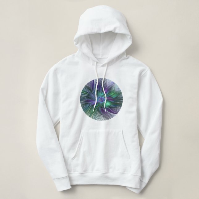 Camiseta Flor Moderna Abstrata Fractal Verde Roxo (Frente do Design)