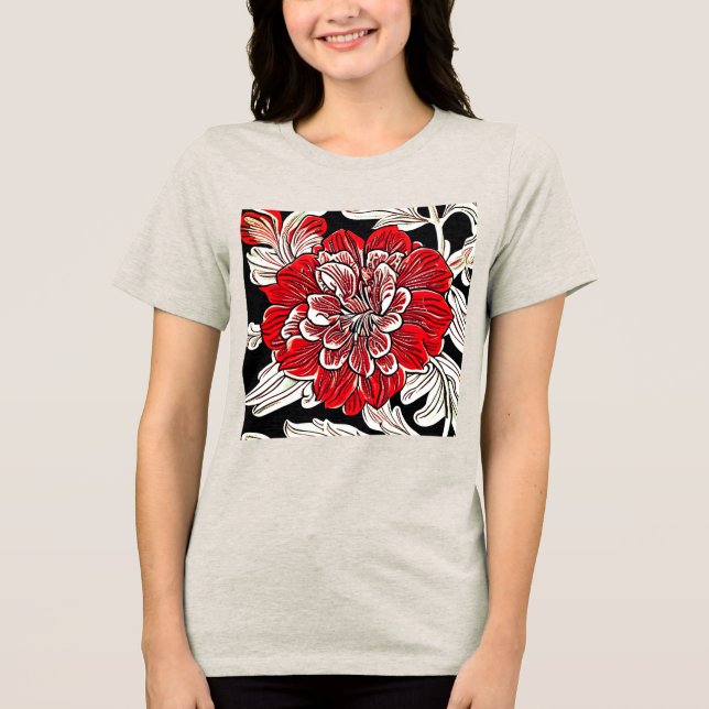 Camiseta Flor Nouveau de Arte Negra Vermelha e Branca (Frente)