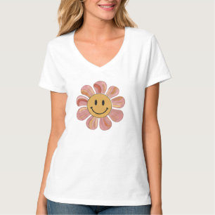 Camiseta Flor Retro Groovy Cara Sorridente Pastel Floral 70
