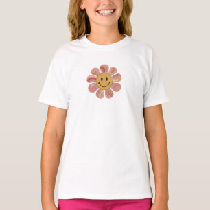 Camiseta Flor Retro Groovy Cara Sorridente Pastel Floral 70