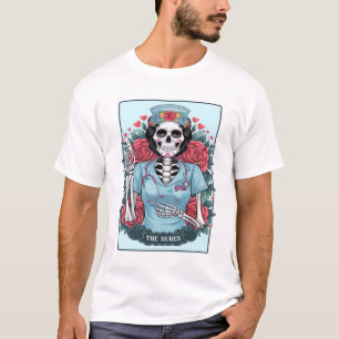 Camiseta Flor Rosa Esqueleto Enfermeira Carta Tarot Hallowe