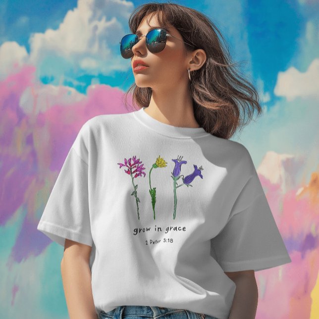 Camiseta Flor Silvestre Cresça Em Graça (Grow In Grace Wildflower Bible Verse T-shirt)