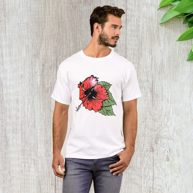 Camiseta Flor Tropical Red Hibiscus com Folhas Verdes (Criador carregado)