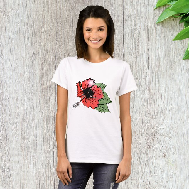 Camiseta Flor Tropical Red Hibiscus com Folhas Verdes (Criador carregado)