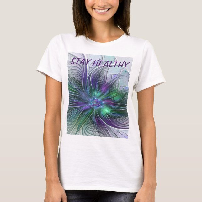 Camiseta Flor Verde Roxo Moderna Abstrato de Arte Fractal (Frente)