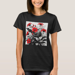 Camiseta Flor Vermelha Na Planta Branca Preta