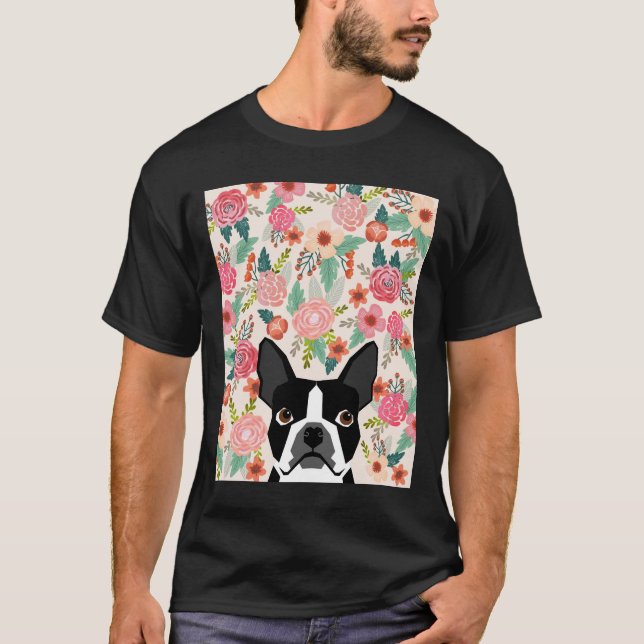 Camiseta Florais de Boston Terrier Flores de Impressão de p (Frente)