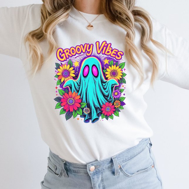 Camiseta Florais Neon da Moda Retro Fantasma Groovy Hallowe (Trendy Retro Neon Colors Florals Halloween Ghost Groovy Vibes Sweatshirt Her)