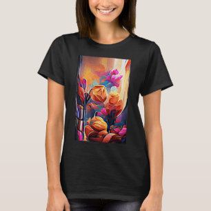 Camiseta Floral Abstrato Art Laranja Vermelho Azul Flores