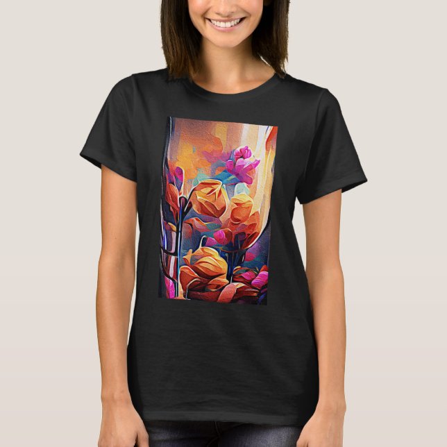 Camiseta Floral Abstrato Art Laranja Vermelho Azul Flores (Frente)